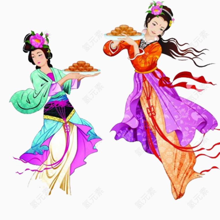 仙女手托月饼中秋节元素