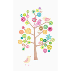 卡通彩色装饰纽扣树小鸟