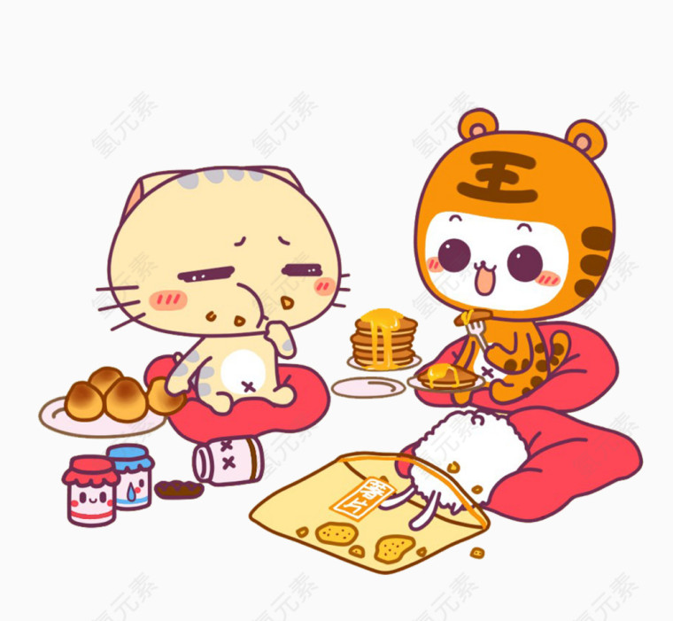 卡通小老虎和小猫