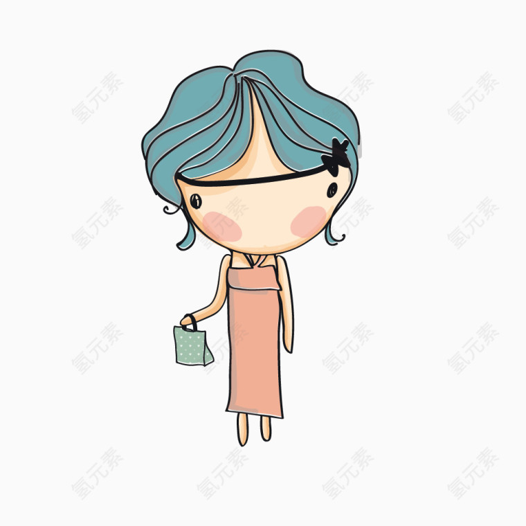 矢量手绘简约绿发连衣裙女孩