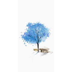 蓝色冬季树房屋水墨风