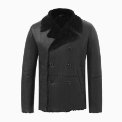 翻领双排扣设计男士长袖皮衣