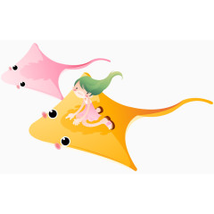 卡通手绘黄色矢量飞鱼可爱小女孩