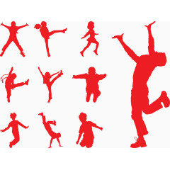 孩子们玩耍剪影红色矢量图