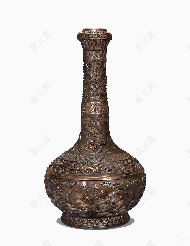 清朝铜雕海水龙纹蒜头瓶