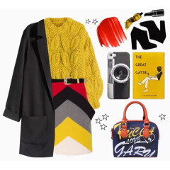 黄色毛衣和半身裙