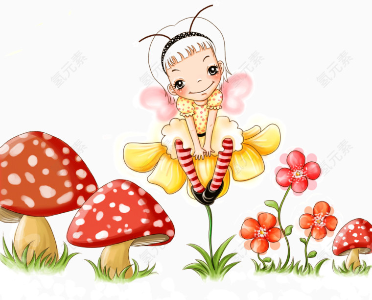 卡通花朵上的女孩