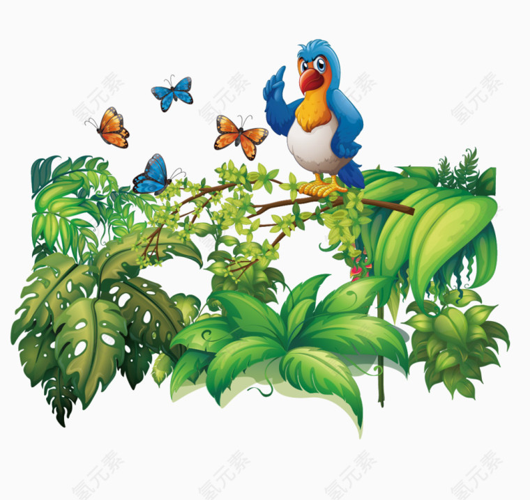 绿色植物蝴蝶鸟矢量素材