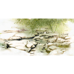唯美古风水彩插画溪流