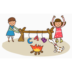 彩色矢量卡通手绘小孩子小狗火堆