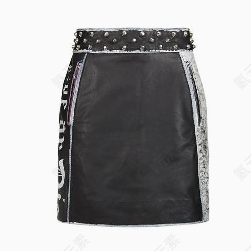TOPSHOP黑色铆钉装饰标语印花拼接牛皮包臀裙