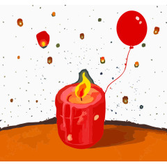 手绘红色孔明灯与蜡烛