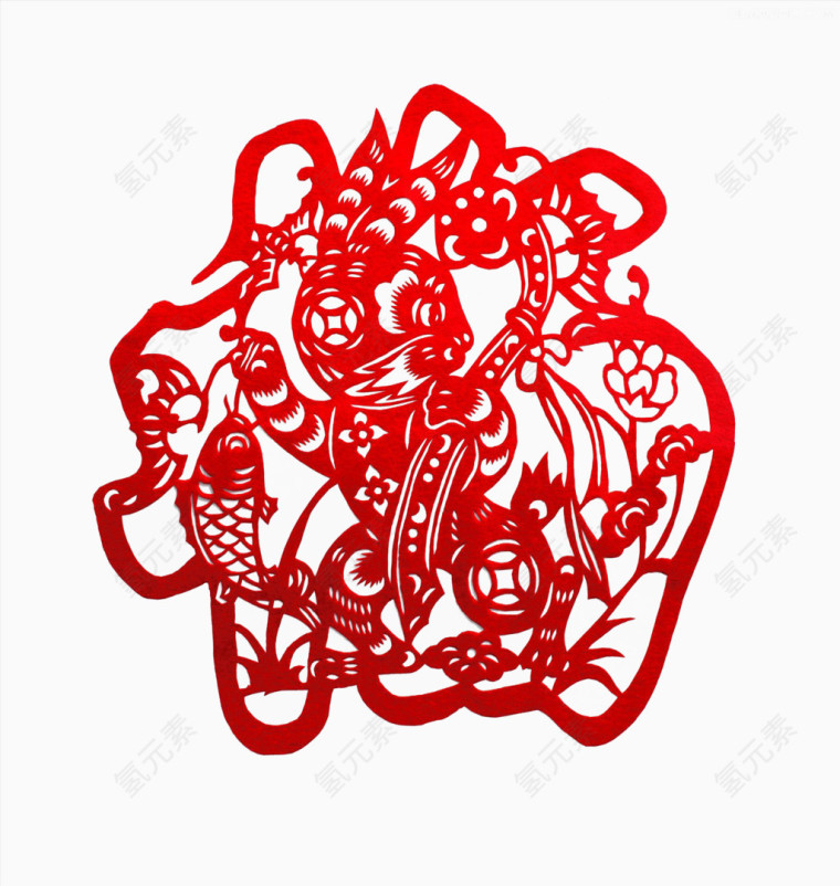 兔子鲤鱼金钱福字剪纸