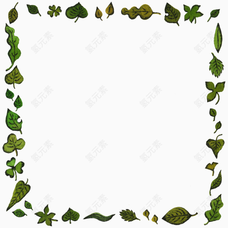 手绘方形绿叶边框元素