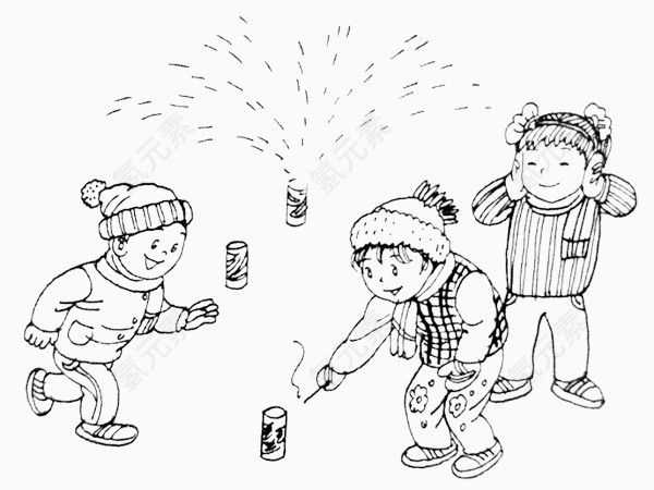 三个放鞭炮小孩子