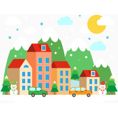 矢量扁平城市雪山景观