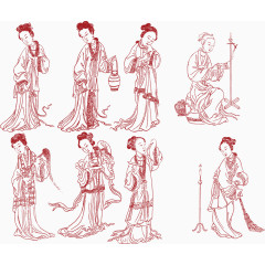 红色线描矢量仕女