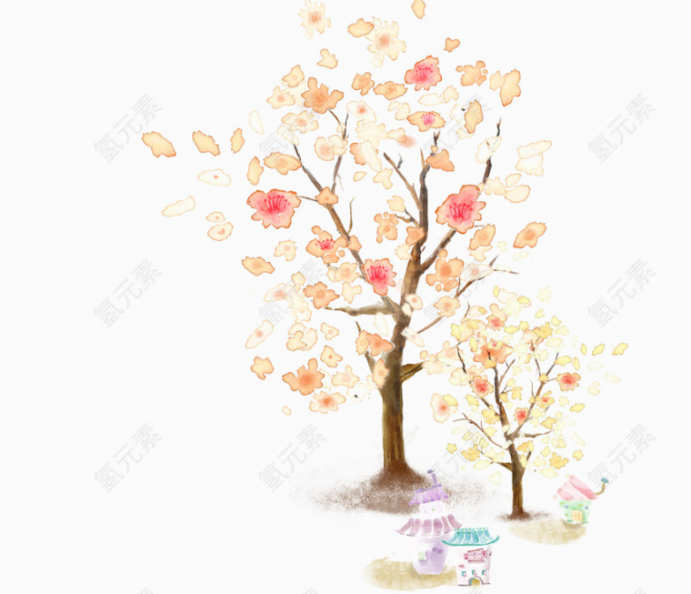 手绘树下的房子