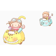 卡通矢量坐着动物飞船男孩女孩