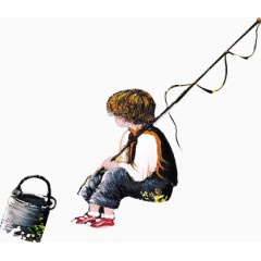 油画钓鱼的小孩高清图片