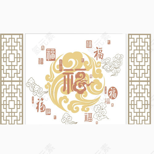 百福图屏风手绘画素材图片