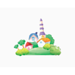 手绘水彩小村庄.