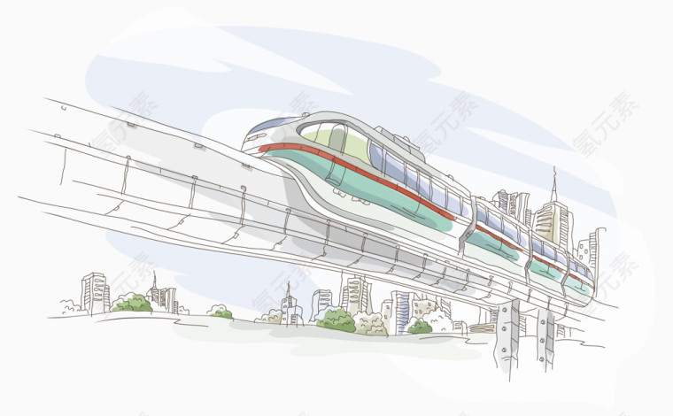 手绘矢量水彩轻轨城市