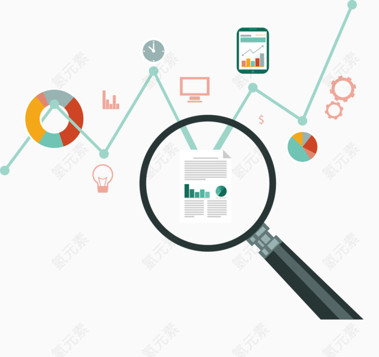 矢量手绘放大镜查看折线图