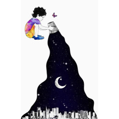 创意插画-小男孩倒出星月夜