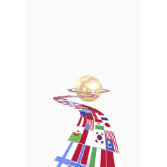 环绕金属地球的国旗彩带