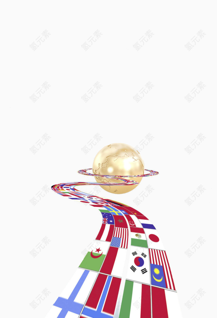 环绕金属地球的国旗彩带