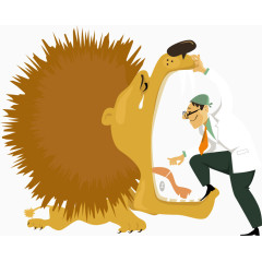 矢量卡通狮子与牙科医生