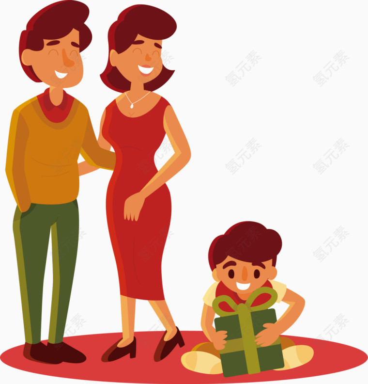 微笑的父母和拆礼包的孩子矢量图