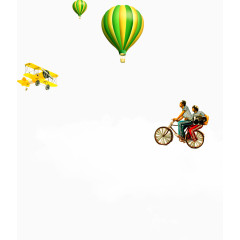 卡通飞机热气球骑自行车云朵