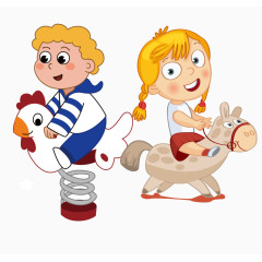 骑着公鸡的小男孩与木马小女孩