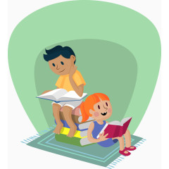 卡通读书的男孩和女孩