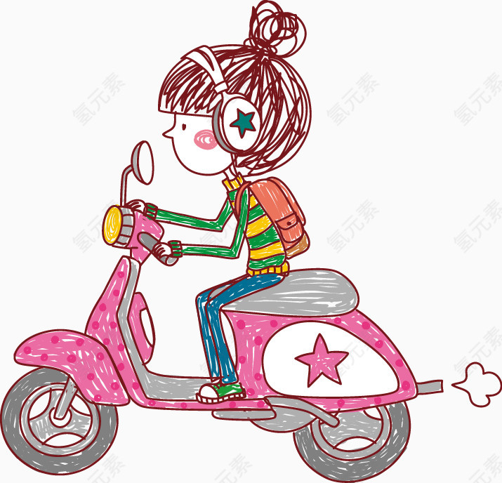 手绘骑电动车女孩