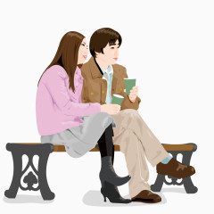 坐在长椅上拿杯子的情侣