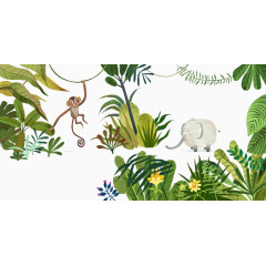 手绘猴子大象森林