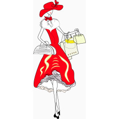 矢量手绘红衣购物女郎