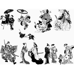手绘黑白日本传统人物图像矢量图