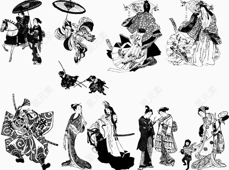 手绘黑白日本传统人物图像矢量图