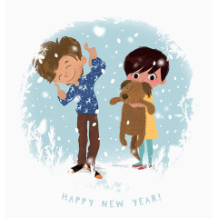 雪花孩子和小狗新年卡片