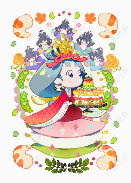 卡通日本女孩和蛋糕
