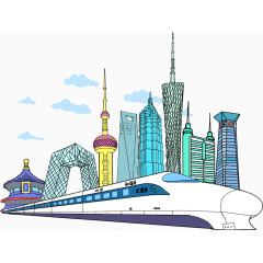 手绘彩色线稿的和谐号城市建筑