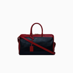 酒红色拼黑色牛皮箱型旅行包
