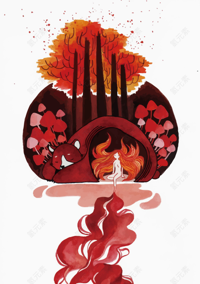 矢量冬眠的熊和少女