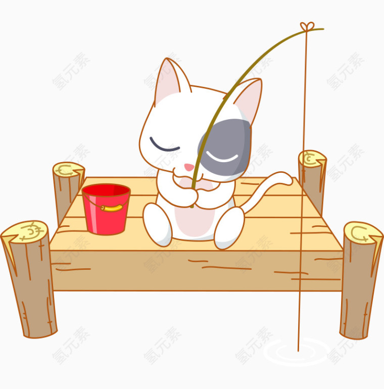 卡通手绘钓鱼白色小猫