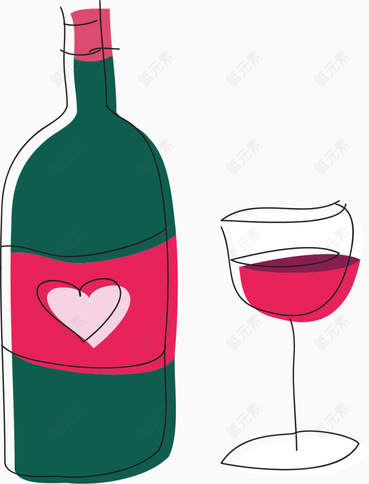 矢量手绘绿粉色红酒瓶和红酒杯