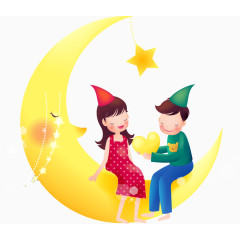 卡通矢量坐在月亮上的情侣